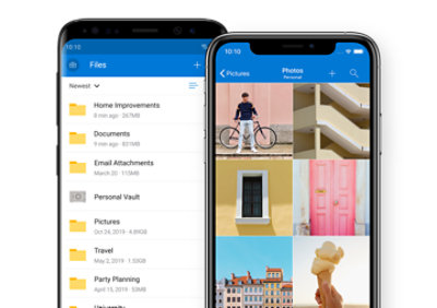 One mobile phone showing file organization on the OneDrive mobile app and another mobile phone showing colorful photos being displayed on the OneDrive mobile app.