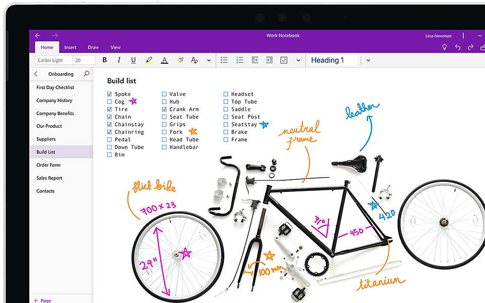 Страница на OneNote, показваща списък с велосипедни части с ръчно написани анотации