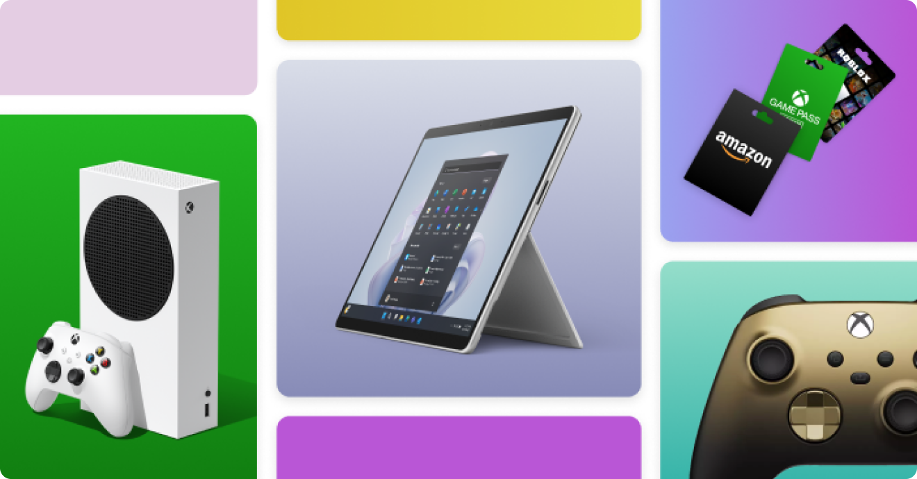 A collage of Xbox and Surface products, and gift cards