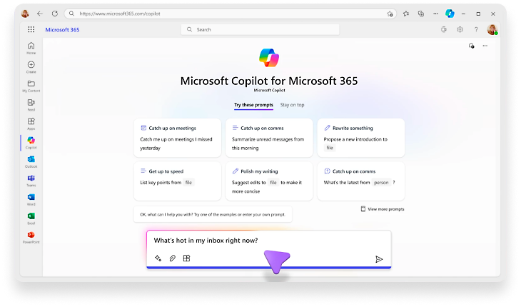 דף הבית של Microsoft Copilot ל Microsoft 365