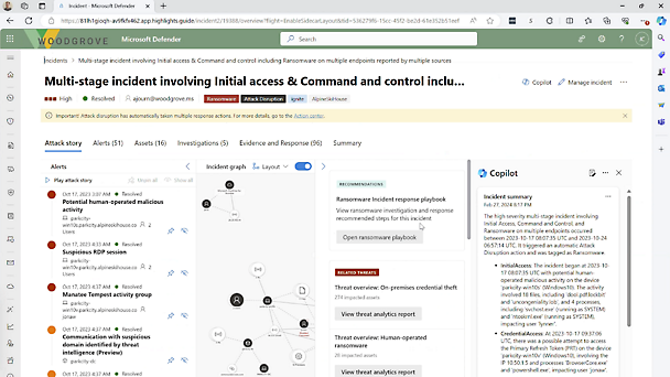 Screenshot von Microsoft Defender mit einem Flussdiagramm zu Bec-Finanzbetrugsangriffen mit verschiedenen Navigationsregisterkarten