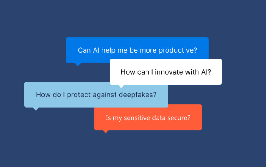 Image on navy background with the text: Can AI help me be more productive? How can I innovate with AI? How do I protect against deepfakes? Is my sensitive data secure?