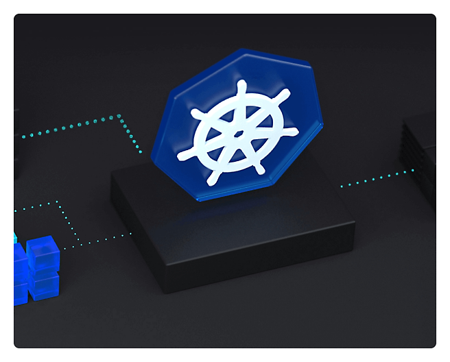 Kubernetes on a black background with a blue wheel.