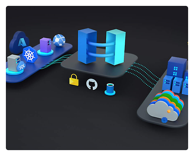 A 3d image of an azure server with different icons, including relating to security, kubernetes, SQL, etc to symbolize the unified management of Azure Arc.