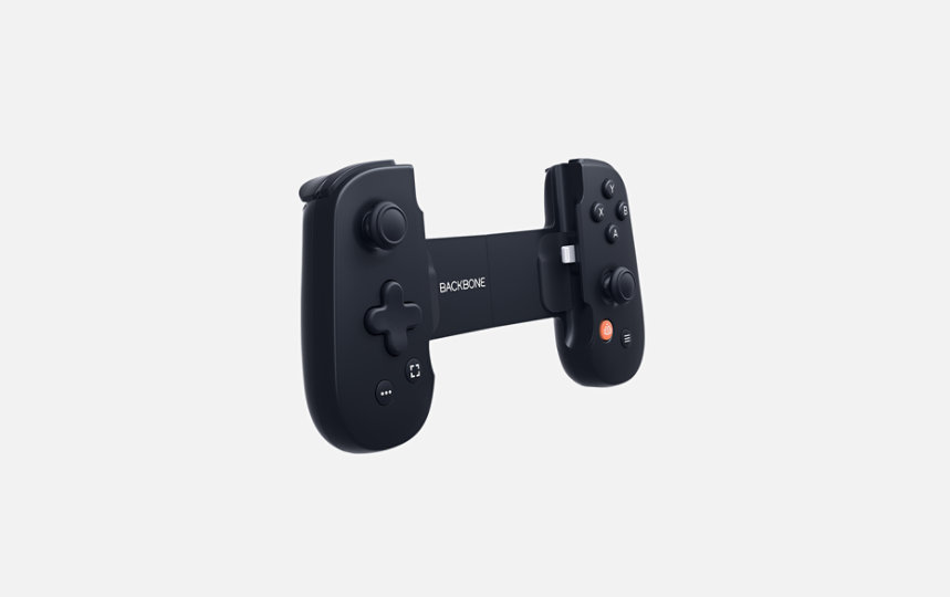 Front-angled view of Backbone One Mobile Gaming Controller.