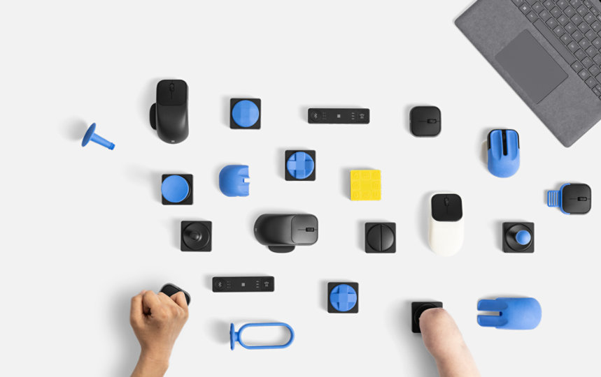 Microsoft Adaptive Hub, Buttons, Mouse, Tail, Thumb Support, and various 3D printed designs