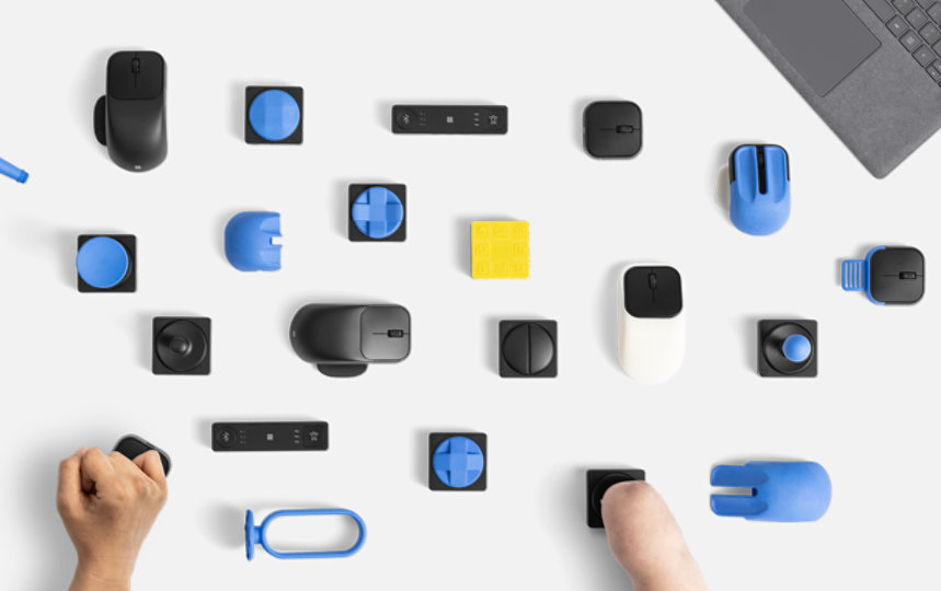 Microsoft Adaptive Hub, Buttons, Mouse, Tail, Thumb Support, and various 3D printed designs.
