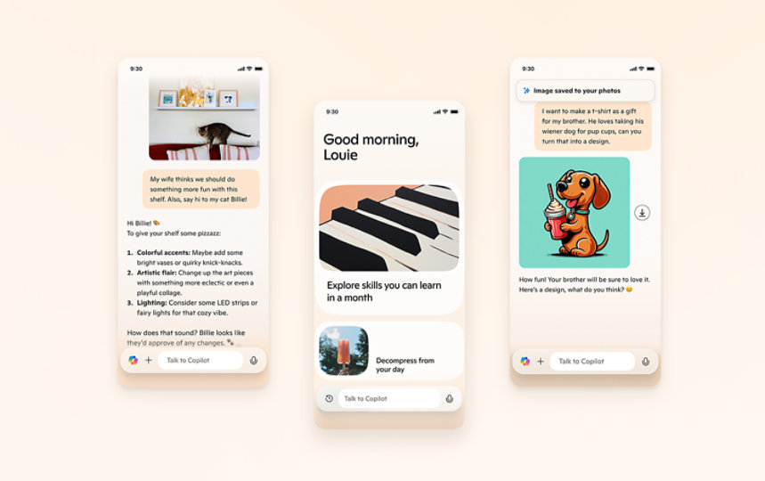 Three screenshots from the Copilot app