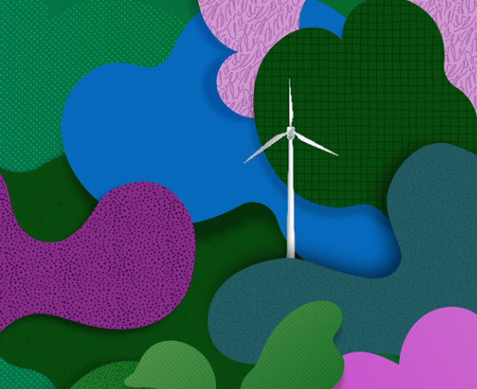 Grüne, lila und blaue grafische Elemente bilden künstlerisch die Umwelt nach.