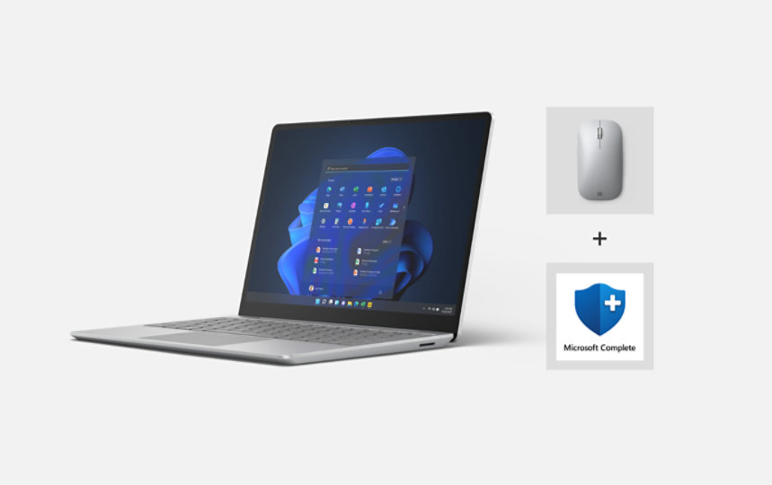 Surface Laptop Go 2 for Business, Surface Mobile Mouse for Business, and the icon for Microsoft Complete Protection Plan for Business. 