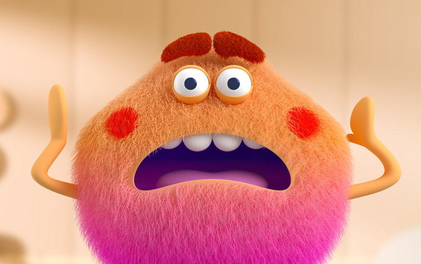 Ein sehr niedliches, flauschiges, orangefarbenes Monster macht ein frustriertes Gesicht.