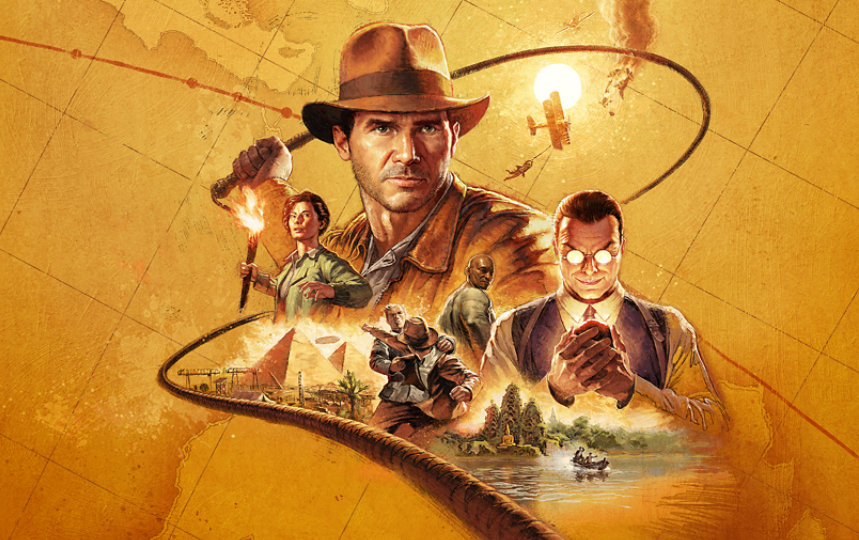 Indiana Jones, surrounded by characters and scenes from the game.