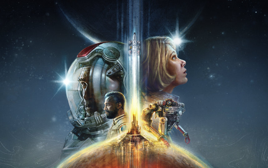 A painting of characters from Starfield, against a starry background.