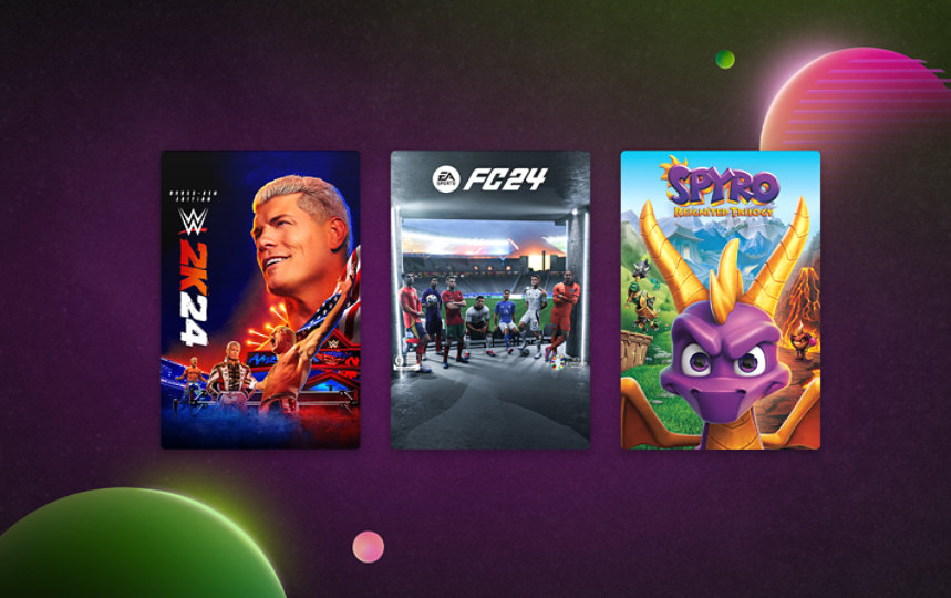 Featured games WWE 2K24 Cross platform, EA Sports FC24, and Spyro Reignited Trilogy.