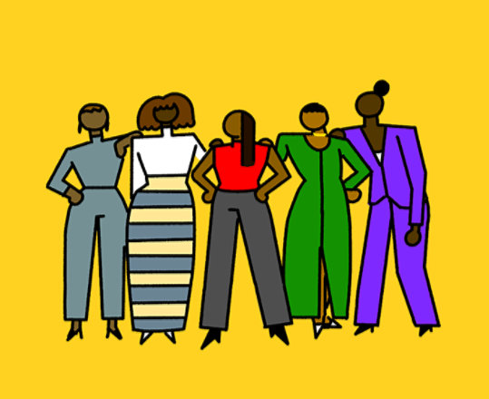 A colorful illustration of women leaning on each other.