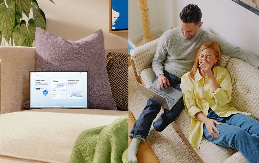 一张沙发上摆放着一台 Surface 设备，上面显示着 Defender，另外有两个人在共同使用一台 Surface 设备，表示 Microsoft 365 家庭版可以供多人安全使用。