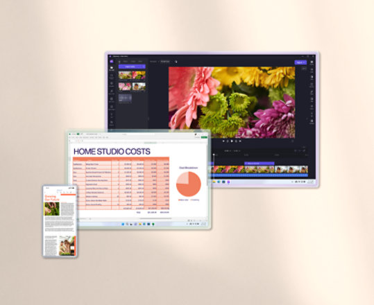 Aplicativos como Clipchamp e Excel, abertos em várias janelas, representando alguns dos aplicativos disponíveis com uma assinatura do Microsoft Family.
