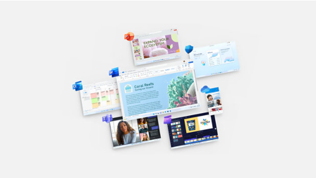 Device screens show Microsoft 365 apps, such as PowerPoint, Clipchamp, and Microsoft Defender, in use.