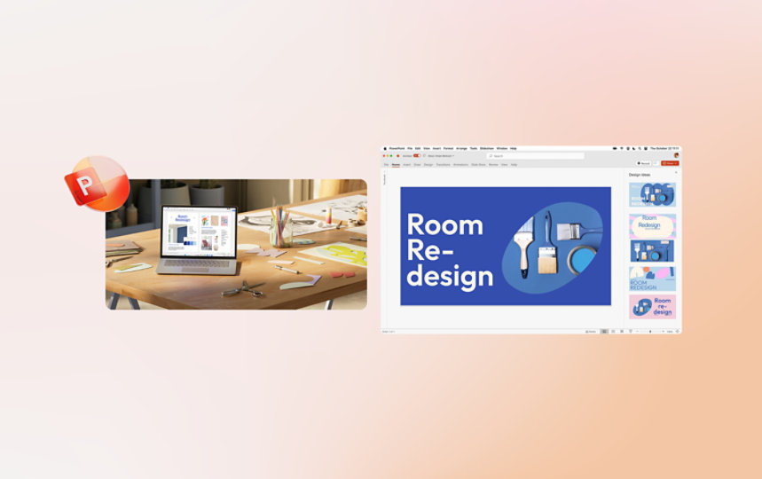 A laptop shows a Word presentation and a PowerPoint presentation, suggesting the creative capabilities of apps included in a Microsoft 365 subscription.