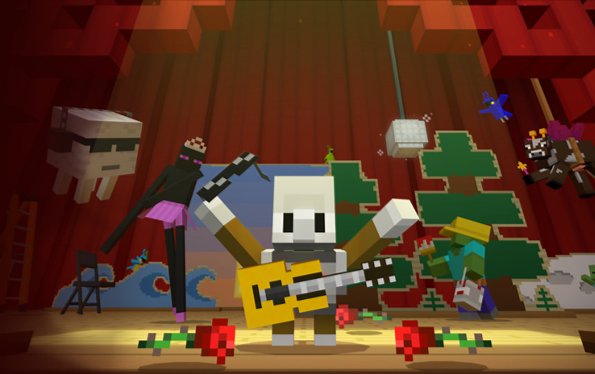 At center stage an Agent stands in the spotlight, as around them monsters from Minecraft help put on a show.