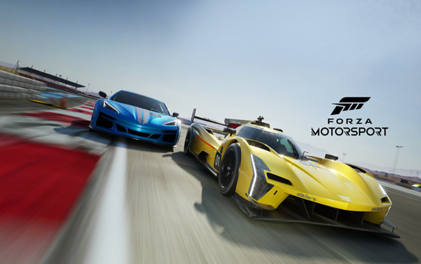 Forza Motorsport Keyart mit einem gelb-blauen Sportwagen auf einer Rennstrecke.