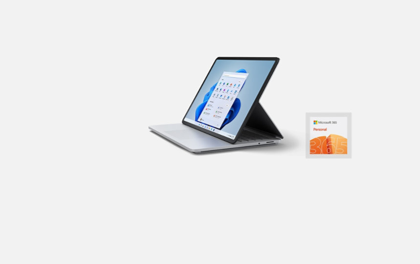 Surface Laptop Studio appoggiato sul cavalletto e le icone per Microsoft 365 e Microsoft Complete Protection Plan.