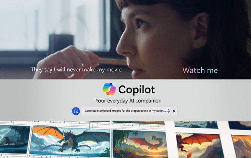A woman says, “they say I will never make my movie. Watch me.” She uses Copilot, her everyday AI companion, to generate images for a storyboard of a dragon attack.