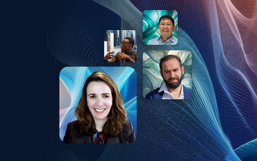 Headshots of Natasha Crampton, Aziz Soltobaev, Akintunde Agunbiade, and Jean Garcia Periche, some fellows from the Global Perspectives Responsible A I Fellowship.