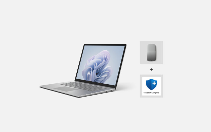 An angled view of Surface Laptop 6 for Business, with a Surface Mouse and the Microsoft Complete logo next to it.