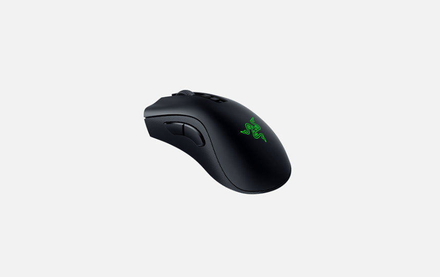 Side-angled view of black wireless mouse with Deathadder symbol in green.