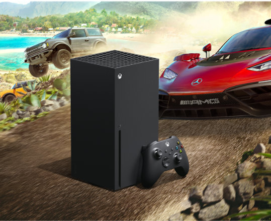 An Xbox Series X with a wireless controller juxtaposed with cars racing through a jungle landscape in game art from Forza Horizon 5.