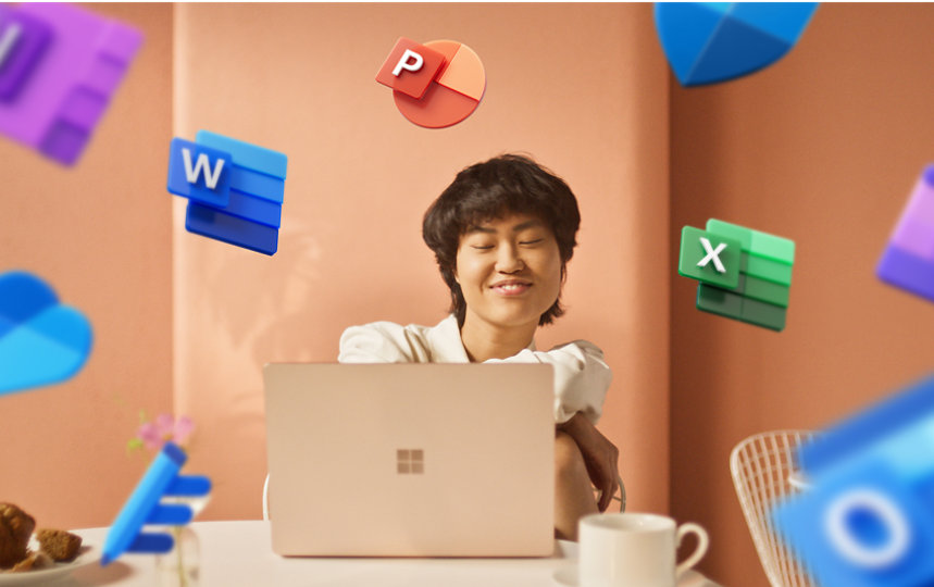 Microsoft 365 앱 아이콘으로 둘러싸인 사람.