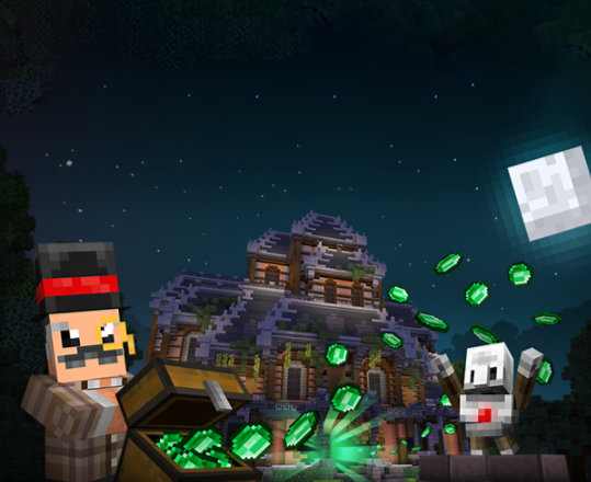 Minecraft characters tossing glowing green coins in the air in front of a spooky mansion.