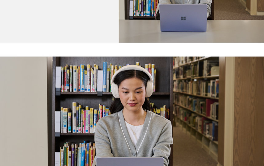図書館でSurface Laptopをお使いの女性の画像。