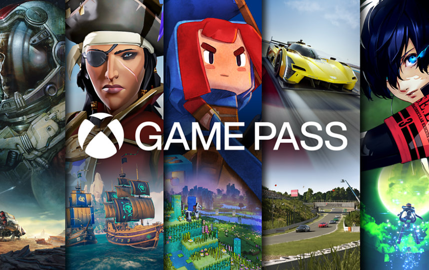 โลโก้ Xbox Game Pass พร้อมพื้นหลังของตัวละครเกมวิดีโอต่าง ๆ