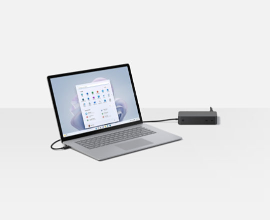 A Surface Laptop 5 connected to a Surface Dock 2.