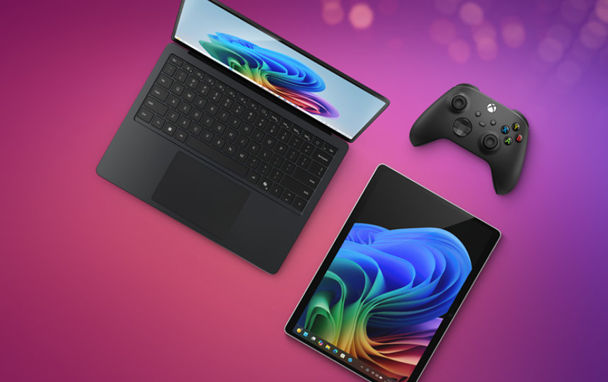 Ein Surface Tablet, ein Surface Laptop und ein Xbox Controller.