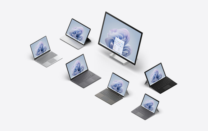 Imagen de la familia Surface de portátiles y 2 en 1, desde el Surface Studio de escritorio hasta la tableta Surface Go 3. 