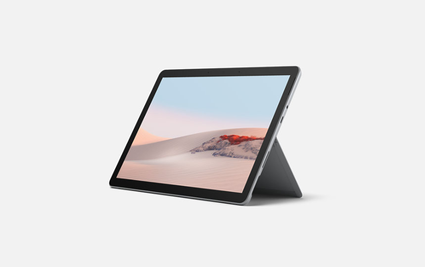 Un Surface Go 2 en mode de présentation avec pied.
