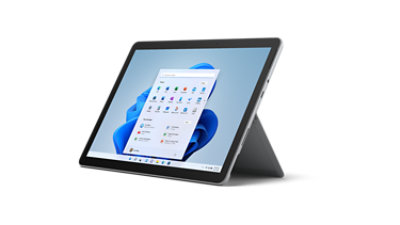 Surface Go 3 in kickstand mode showing music player.