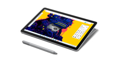 Surface Go 3 in studio mode with Surface Pen featuring Windows 11.