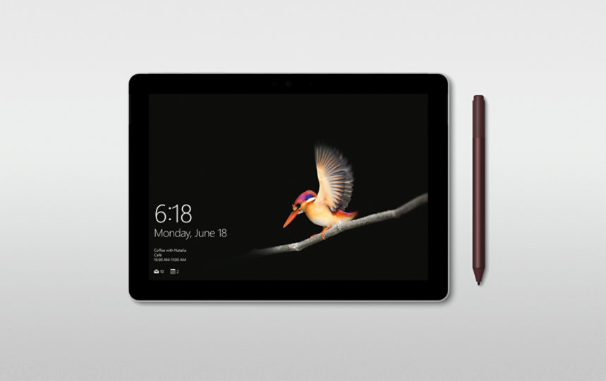 Vorderansicht des Surface Go neben dem Surface Pen.
