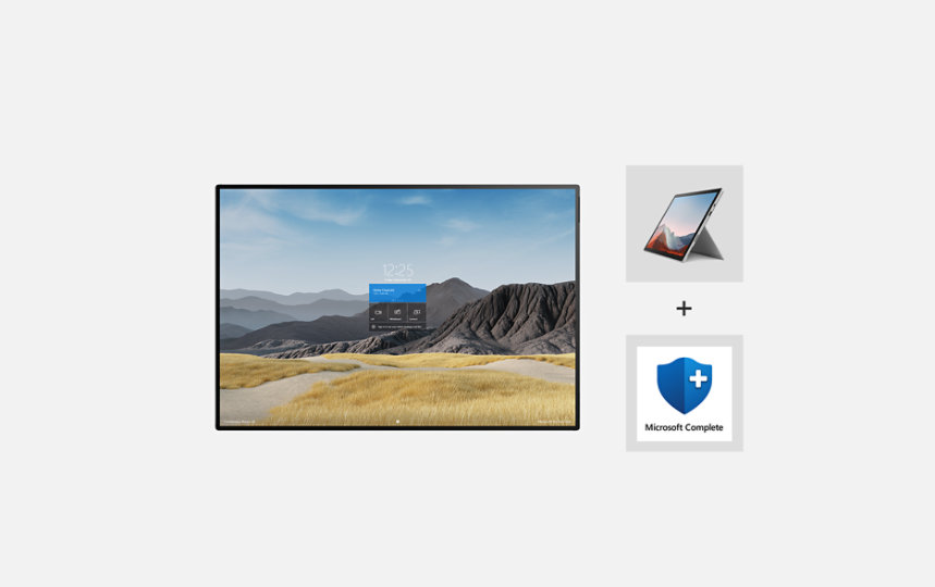 A Surface Hub 2 S with Surface Pro 7 plus, and Microsoft Complete.