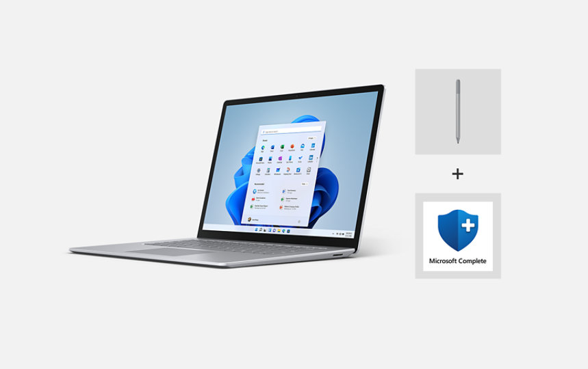 A Surface laptop 4 in Platinum with a pen and Microsoft Complete.