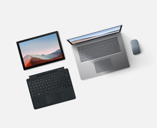 Surface Laptop 4 ja Pro 7+ Pro Type -suojuksella, jossa on sormenjälkitunnus ja jääsininen kaarihiiri.