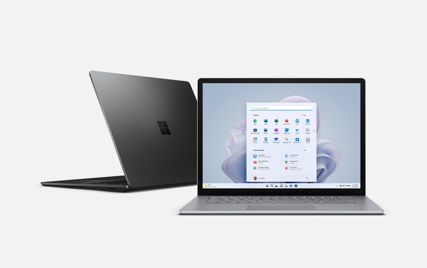 Feature render of a Surface Laptop 5 in platinum from an angled front view.