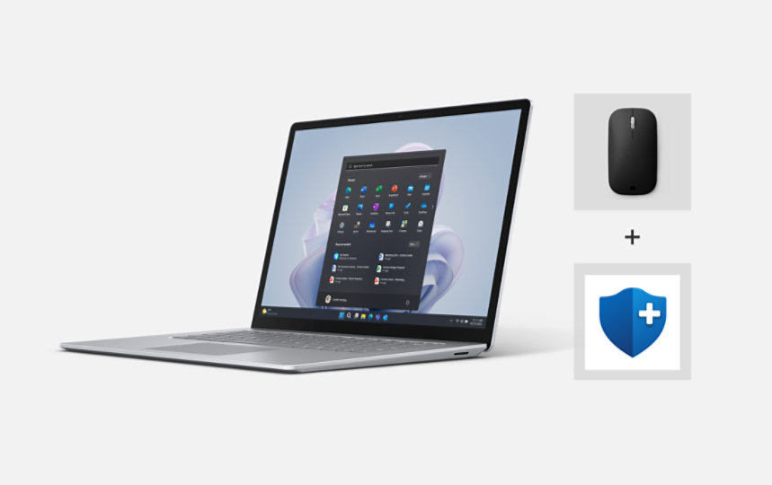 Une vue en angle du Surface Laptop 5 pour l’entreprise, avec une souris Surface et le logo Microsoft Complete placés à côté. 