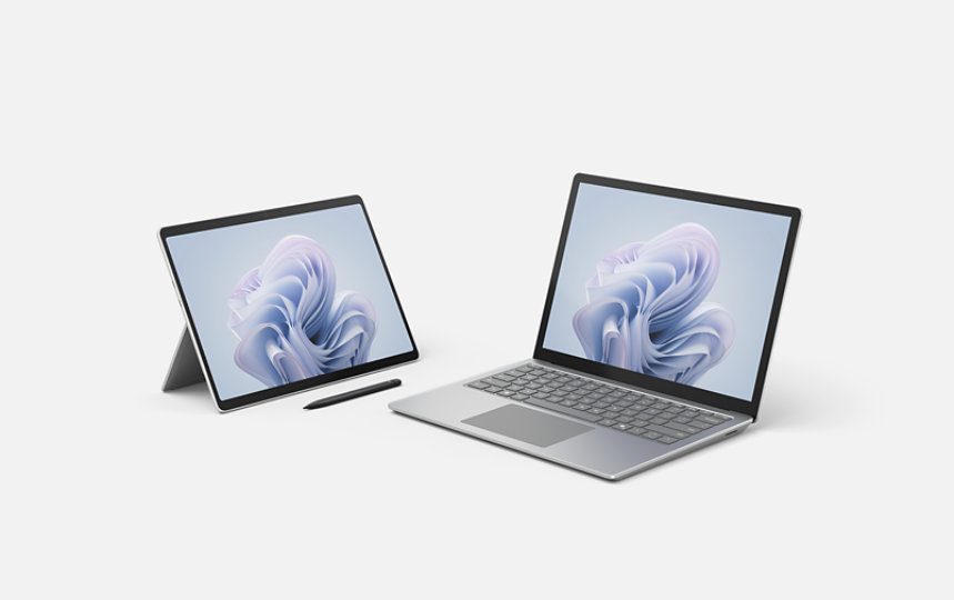 A Surface Pro 10 with a Slim Pen and a Surface Laptop 6.