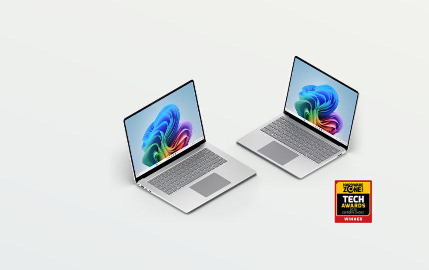 A Surface Laptop 15-inch in Platinum, a Surface Laptop 13.8 inch in platinum, and HWZ-TECH-AWARDS-2025