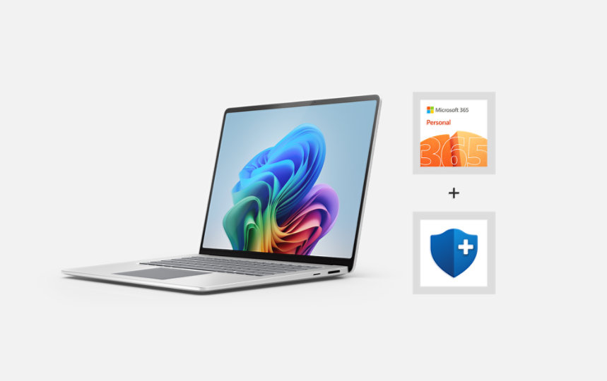 A angled view of the Surface Laptop Essentials Bundle with a Microsoft 365 Personal subscription, and a Microsoft Complete Protection Plan